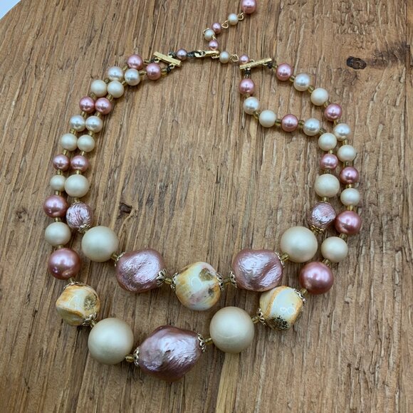 Japan Vintage Double Strands Pink Champagne Beaded Gold Tone Hook Clasp Necklace - Picture 3 of 5